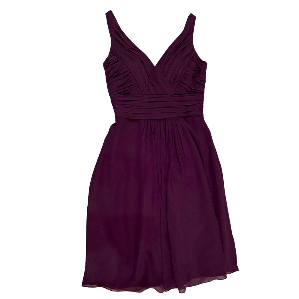 BILL LEVKOFF Rn#82955 eggplant chiffon v front cocktail bridesmaid dress size 4
